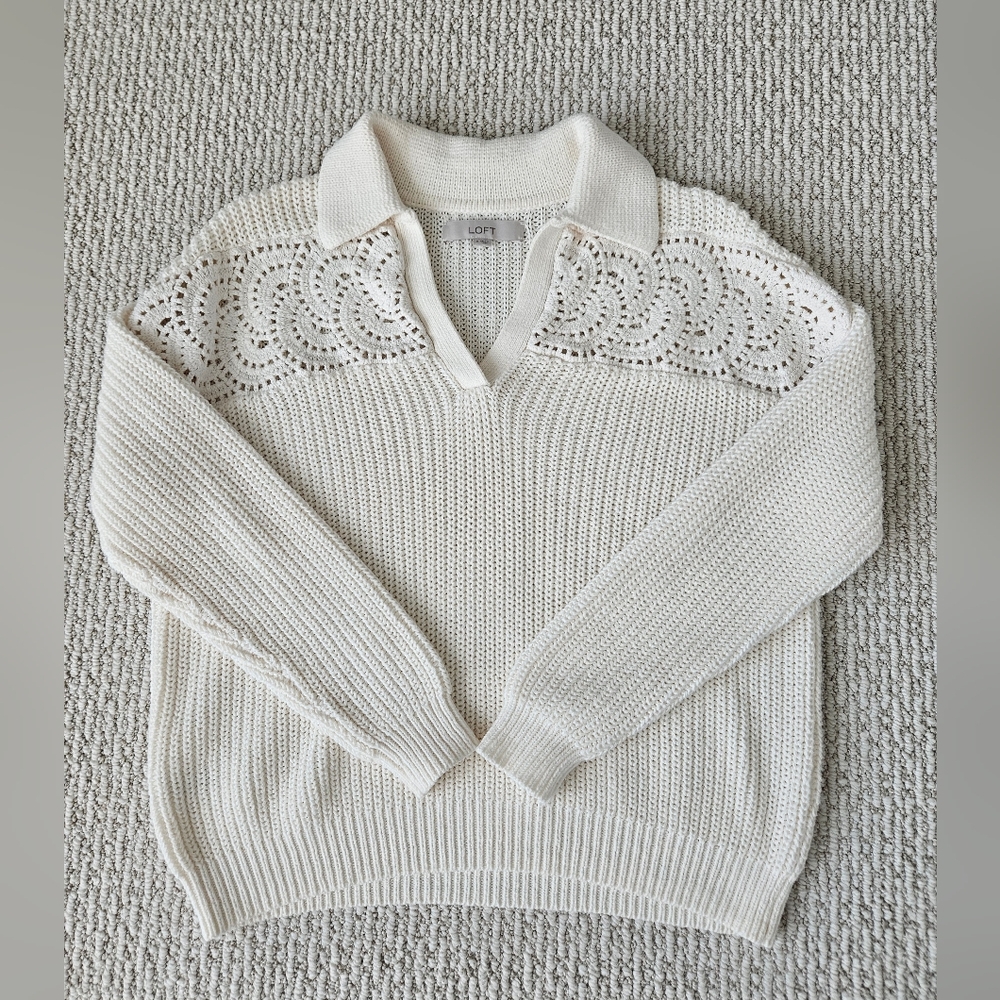 LOFT Cream V-Neck Sweater with Lace Accents
